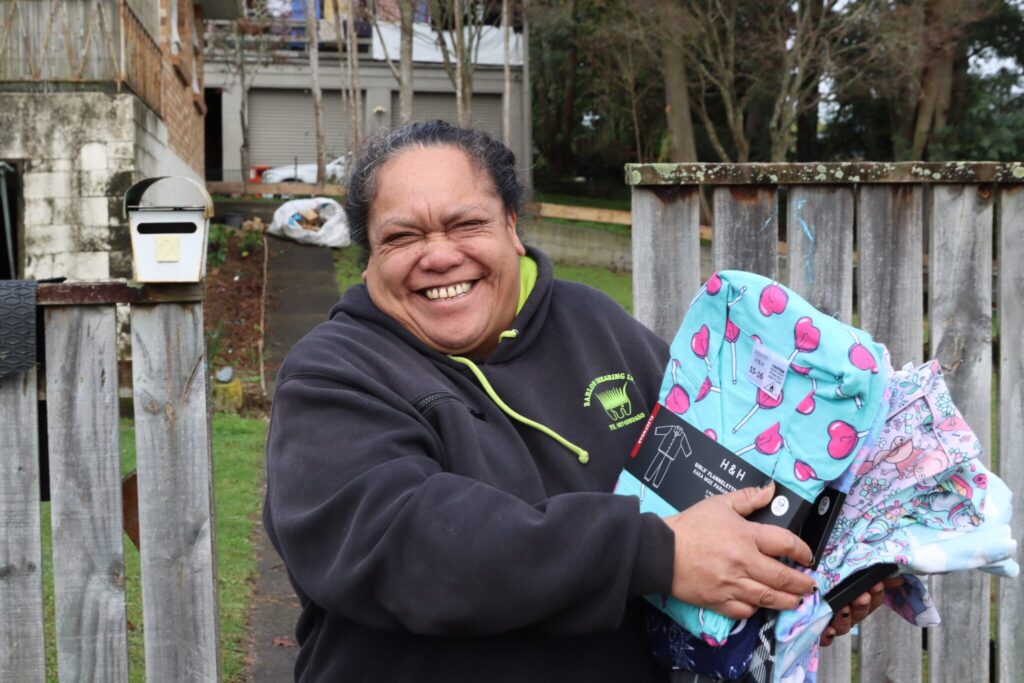 Taumarunui’s Karena Houpapa was delighted to receive brand-new pyjamas for her whānau from Maru’s Kahumoe PJ Project.